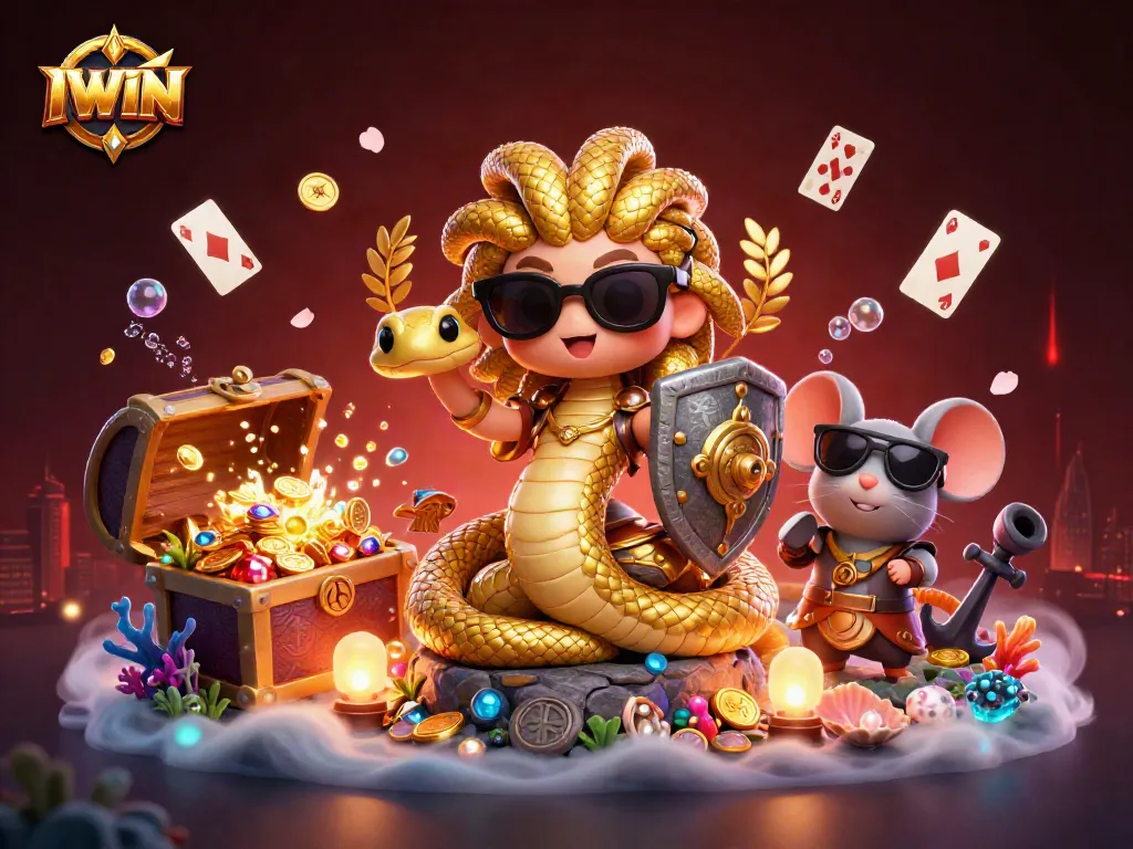 Win big with IWIN's vibrant 3D casino-themed illustration featuring Medusa and treasures!