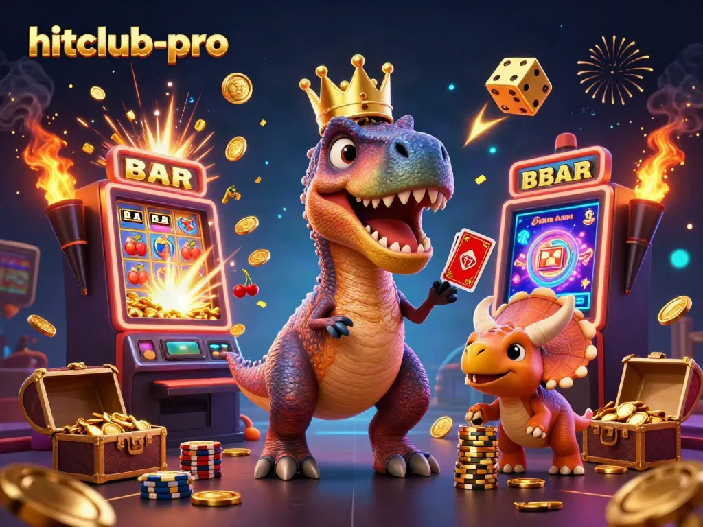 Engage with hitclub-pro in a vibrant casino scene featuring cartoon dinosaurs and slot machines