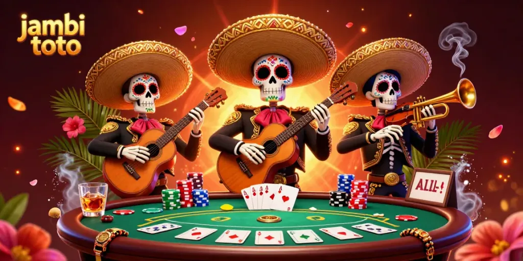 Experience vibrant gaming with jambi toto as mariachi skeletons bring the poker table to life.