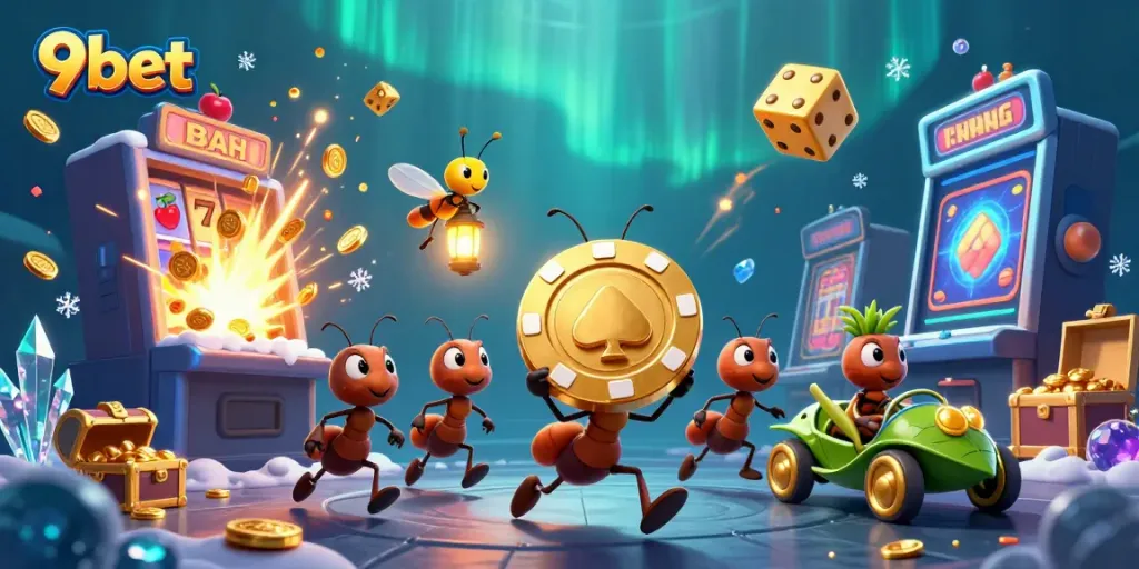 Experience thrilling wins with 9bet's interactive casino heist scene featuring ants and slot machines.
