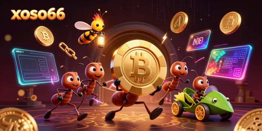 Place bets with xoso66 as ants run a heist with a giant poker chip and crypto coins around.