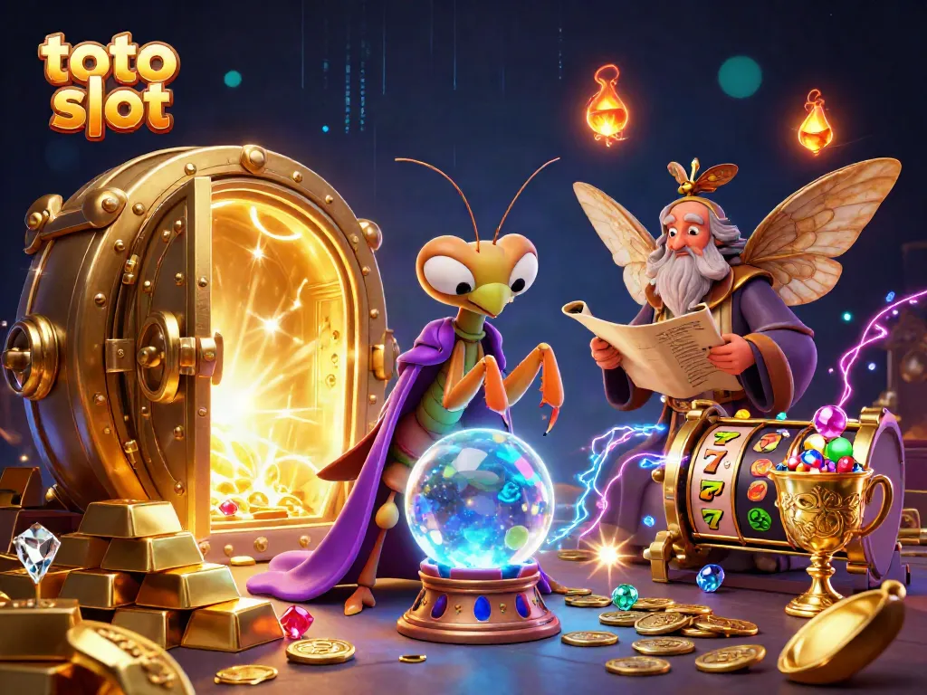 Experience the magic of toto slot with a vibrant 3D illustration featuring a fortune teller and golden treasures.