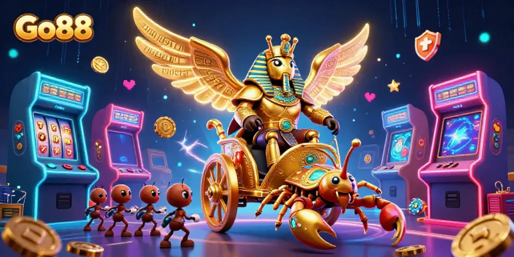 Experience Go88's vibrant online gaming world with this dynamic 3D illustration.