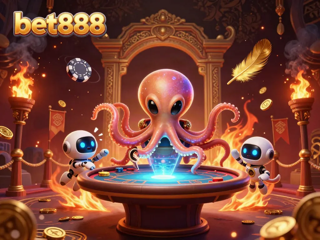 Play exciting gambles with bet888 on a dynamic poker table featuring an alien octopus and robot