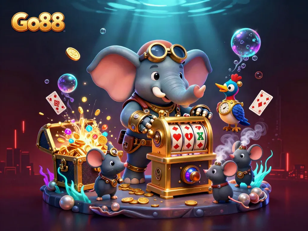 Engage in thrilling gameplay with Go88's steampunk adventure in this vibrant casino illustration.