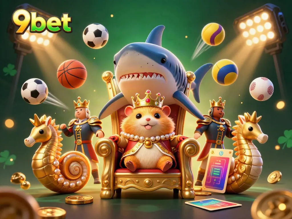 Experience the thrill of 9bet with a dynamic 3D cartoon illustration featuring a golden hamster king atop a megalodon throne.