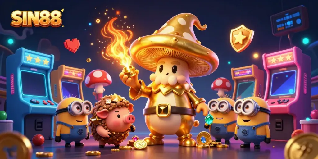 SIN88 showcases an engaging 3D casino world with vibrant game elements and magical characters.