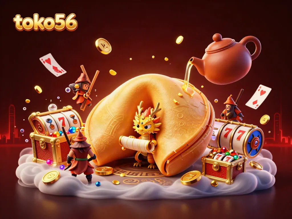 Experience excitement with toko56, showcasing a fantasy scene with a golden fortune cookie surrounded by colorful gambling elements.