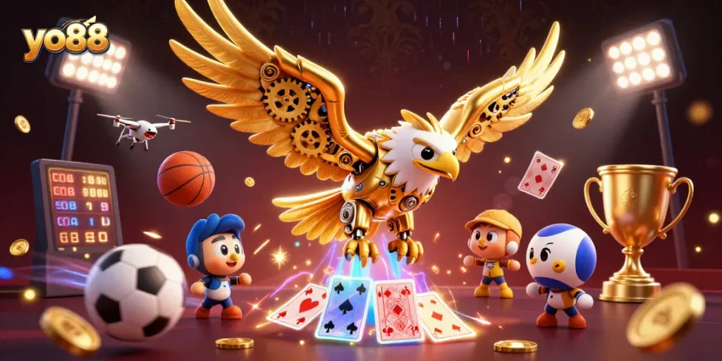 Engage in exciting gameplay with yo88, featuring a dynamic illustration of a golden eagle amidst holographic cards and sports elements.