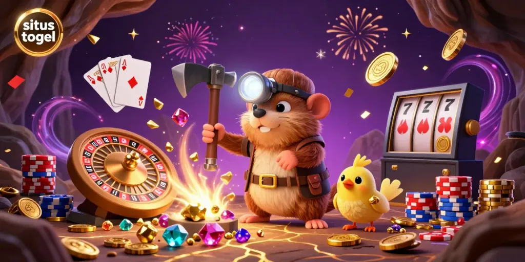 Engage in situs togel with a vibrant 3D scene of a treasure hunter mole surrounded by sparkling gems and casino elements.