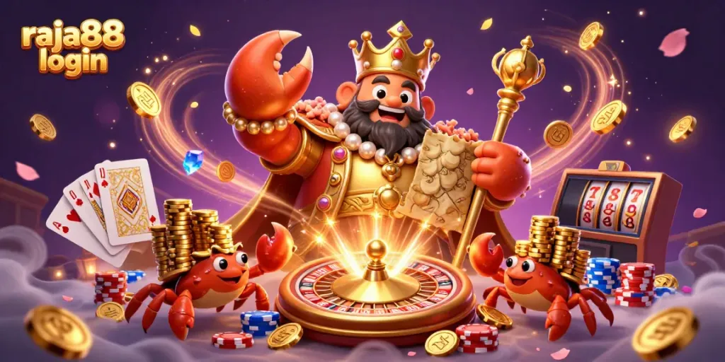 Engage with thrilling gameplay at raja88 login as the golden crab emperor leads a vibrant casino adventure.