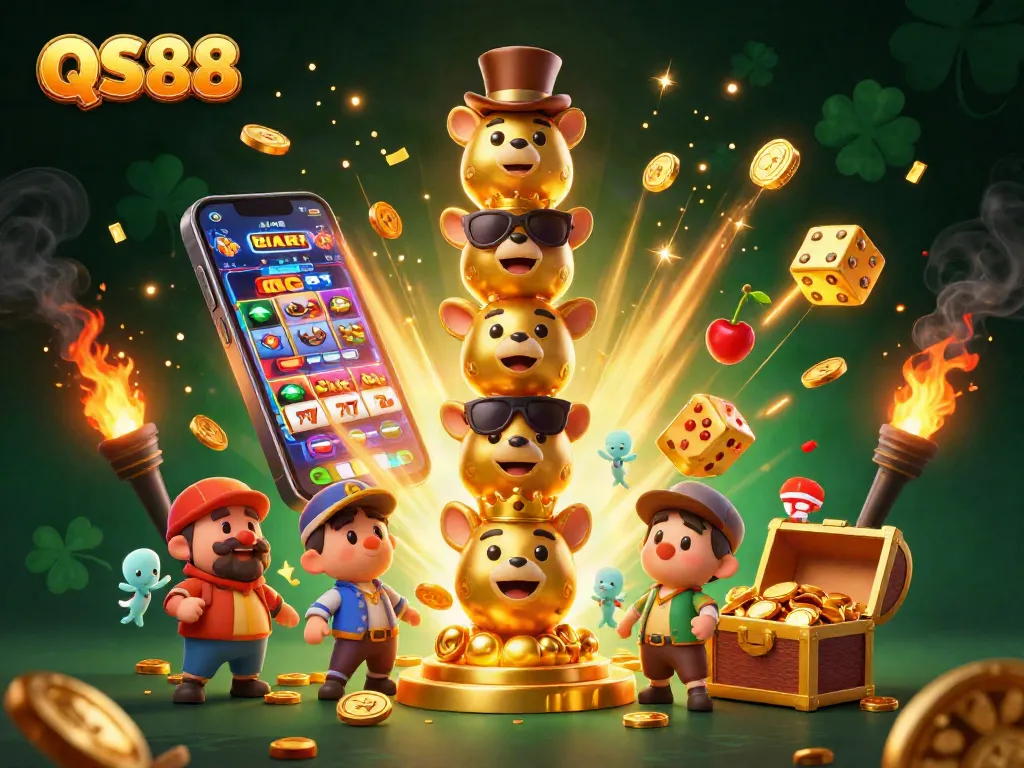 Win big with QS88 in this vibrant casino scene featuring exciting game elements and rich details.