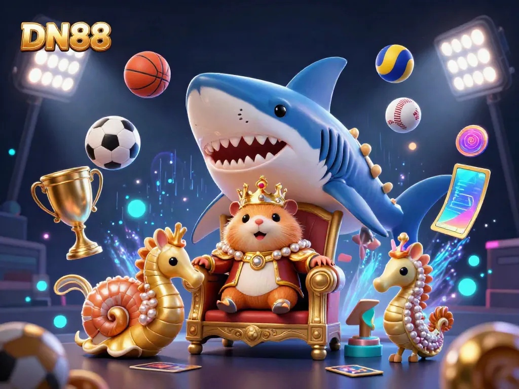 Experience DN88 with a dynamic 3D illustration featuring a hamster king on a megalodon's throne amid sports action.