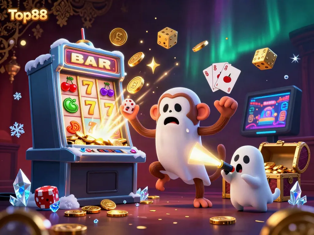 Experience Top88's exciting casino atmosphere with a playful poltergeist monkey and ghost-hunter puppy exploring riches.