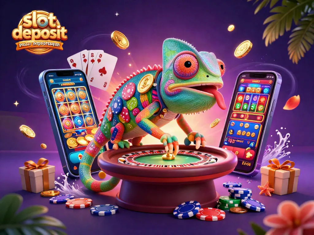 Engage with the exciting slot deposit pulsa tanpa potongan scene featuring a vibrant chameleon casino owner and dynamic game elements.