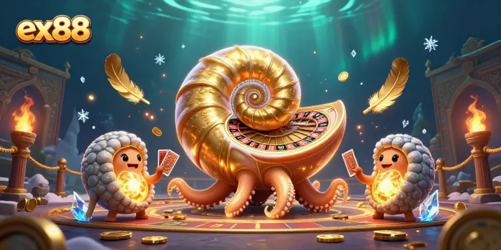 Experience the thrill of gambling with ex88 in a vibrant scene featuring a giant nautilus roulette wheel.