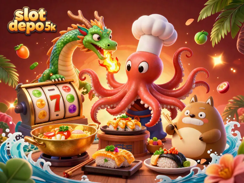 Experience the excitement of slot depo 5k with a vibrant 3D scene featuring a sushi chef octopus and a fiery dragon preparing golden dishes.