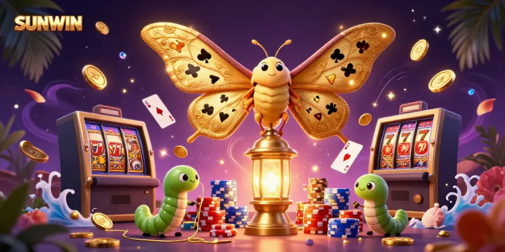 Experience excitement with SUNWIN as cartoon moths flit around vibrant casino scenes.