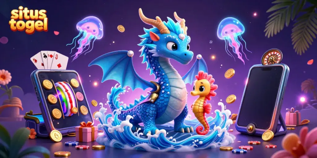 Engage with situs togel through a vibrant underwater casino scene featuring a water dragon and seahorse knight.