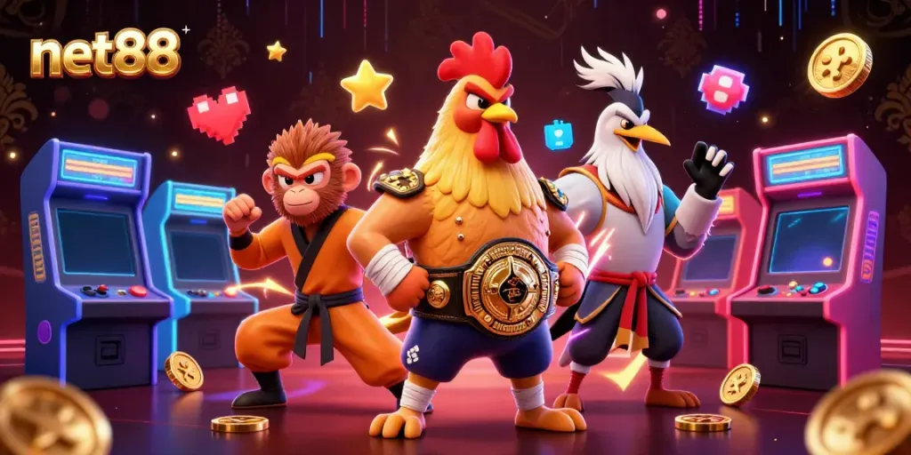 Engaging net88 casino scene featuring animated characters amidst vibrant arcade games.