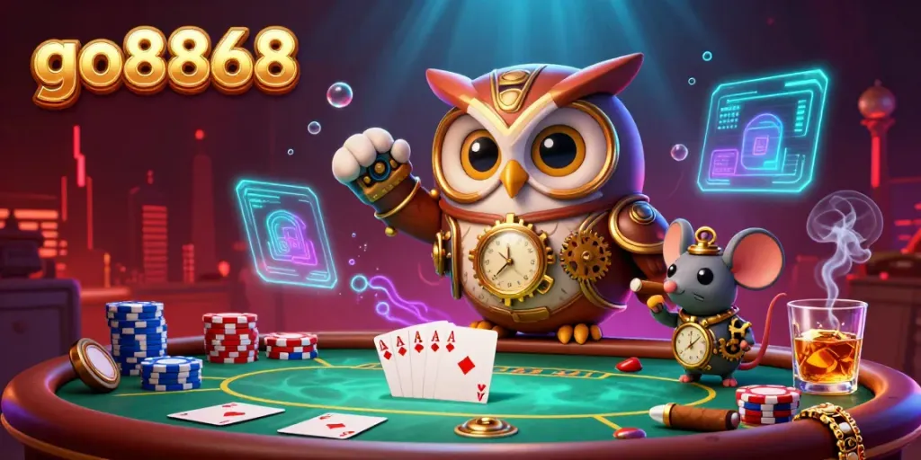 Experience winning with go8868 at a vibrant casino featuring a time-traveler owl and poker elements.