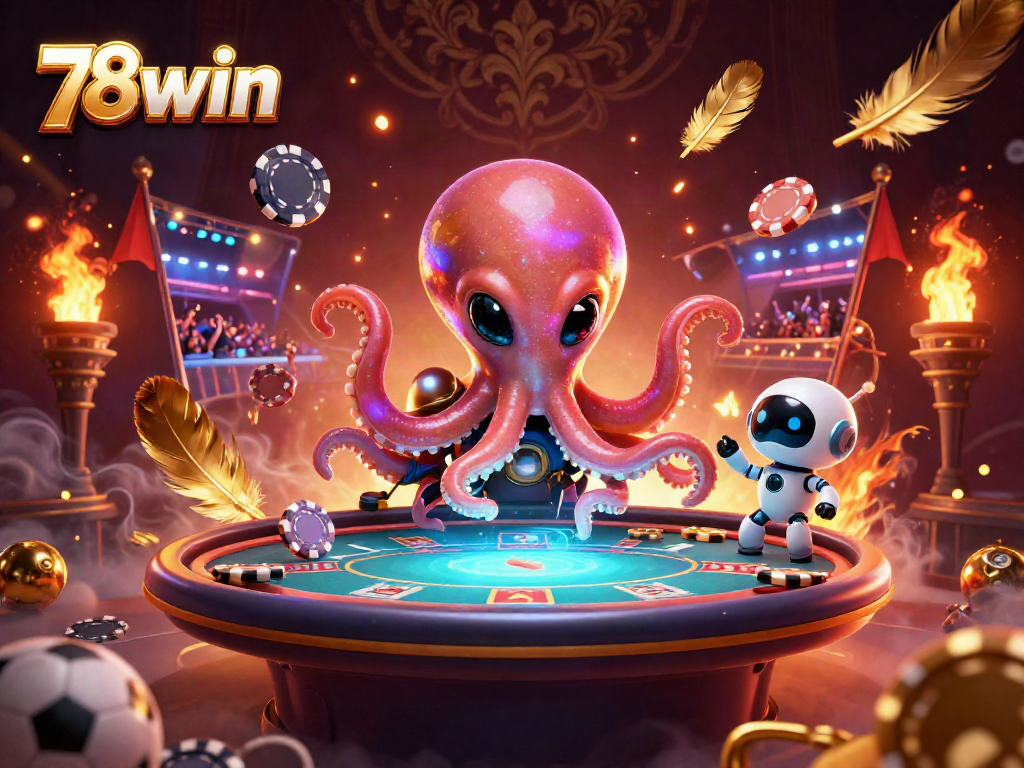 Engage with thrilling sports betting at 78win, featuring an alien octopus and a robot in a vibrant stadium.