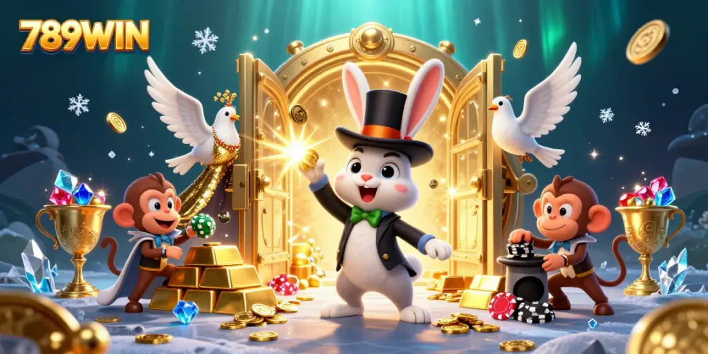 Witness the magic of 789WIN with a rabbit magician pulling golden coins, illustrating thrilling casino adventures.