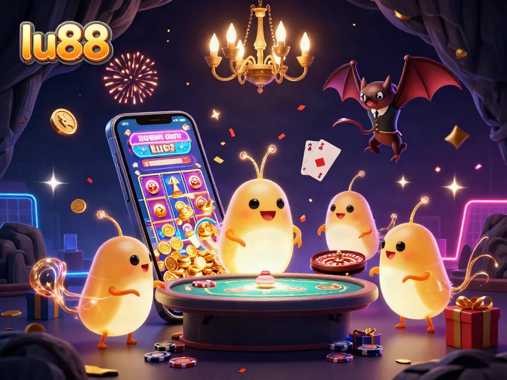Experience the excitement of lu88 with a vibrant casino scene featuring glowing characters and thrilling games.
