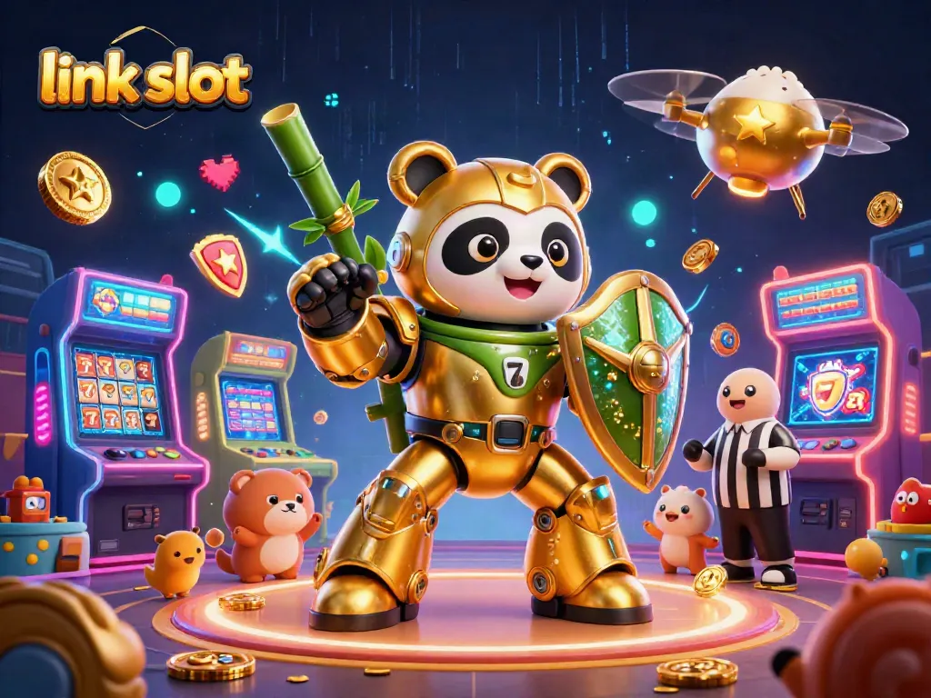 Engage with link slot action featuring a golden panda robot amidst vibrant casino games.