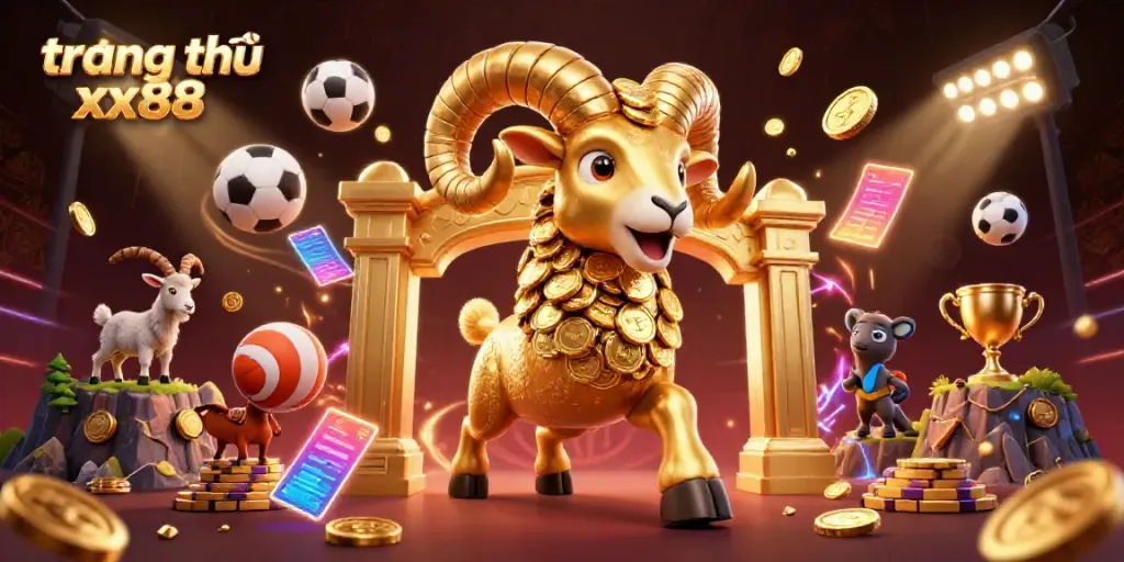 Experience the excitement at trang chủ xx88 with vibrant gaming elements and a dynamic golden ram illustration.