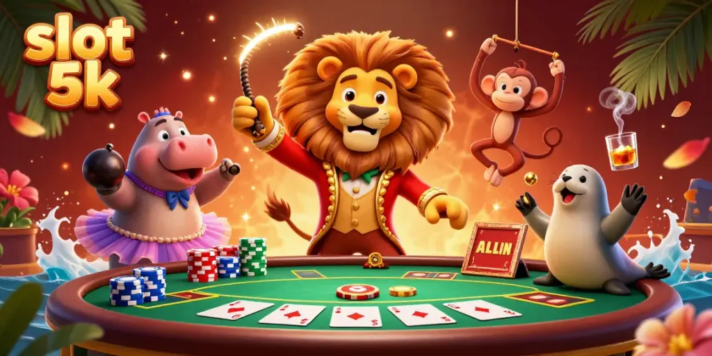 Engage in thrilling action at slot 5k with energetic 3D circus characters amidst colorful poker tables and vibrant game elements.