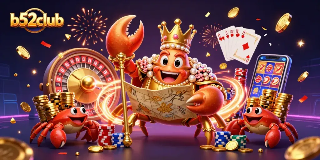 Engage with b52clubb as vibrant golden crab emperor leads a treasure-filled casino scene.