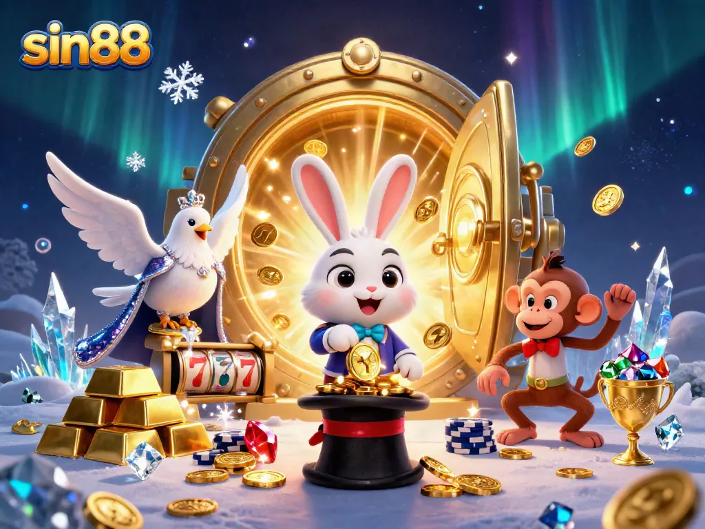 sin88 engaging players with an energetic 3D casino scene featuring a magician rabbit, dove, and monkey amidst sparkling treasures.