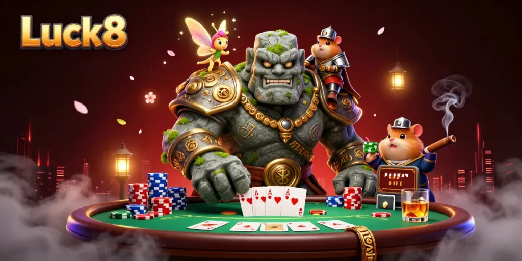 Luck8 showcases a fantastical scene with a magical golem guardian and fairy, surrounded by vibrant poker elements.