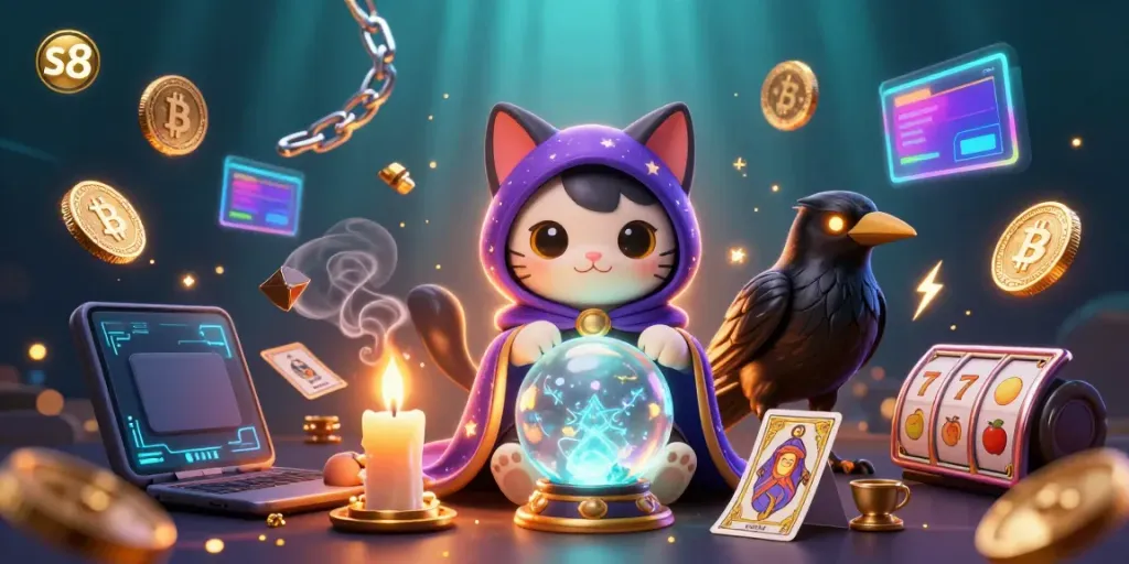 Experience the vibrant world of s8 with a mystical cat, glowing raven, and coins, showcasing slot reels.