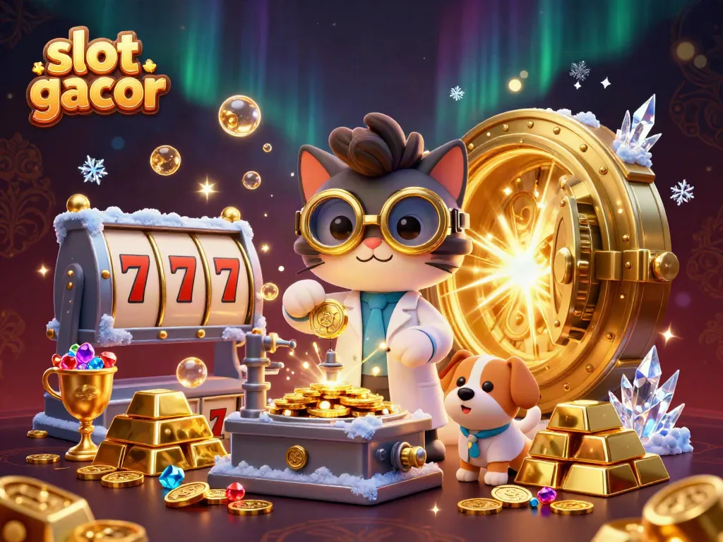 Engaging scene with slot gacor themes featuring a mad scientist cat and dog amidst wealth and gaming symbols.