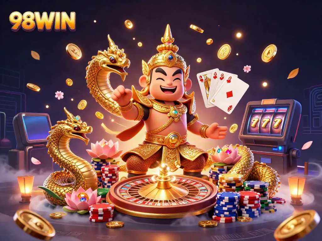 Experience the vibrant 98WIN gaming world with dynamic casino action elements.
