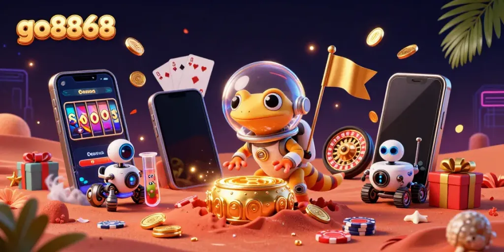 Experience the thrill of go8868 with a Martian gecko discovering a golden casino in a packed, rich 3D scene.