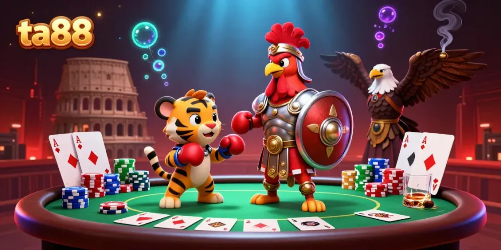 Engage in thrilling casino action with ta88's vibrant 3D illustration featuring a rooster and tiger sparring amidst poker excitement.