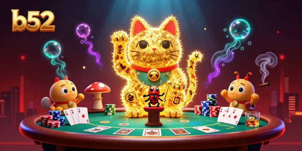 Engage with b52 gaming excitement at an online casino, featuring a lucky cat and casino elements.