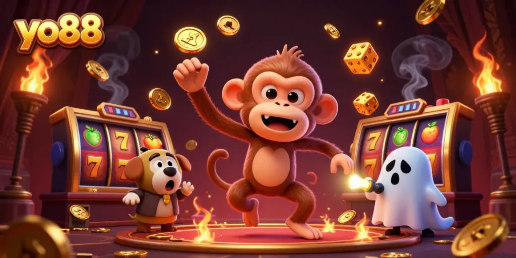 Engage in a thrilling adventure with yo88 as a playful poltergeist monkey juggles golden treasures in a vibrant casino.