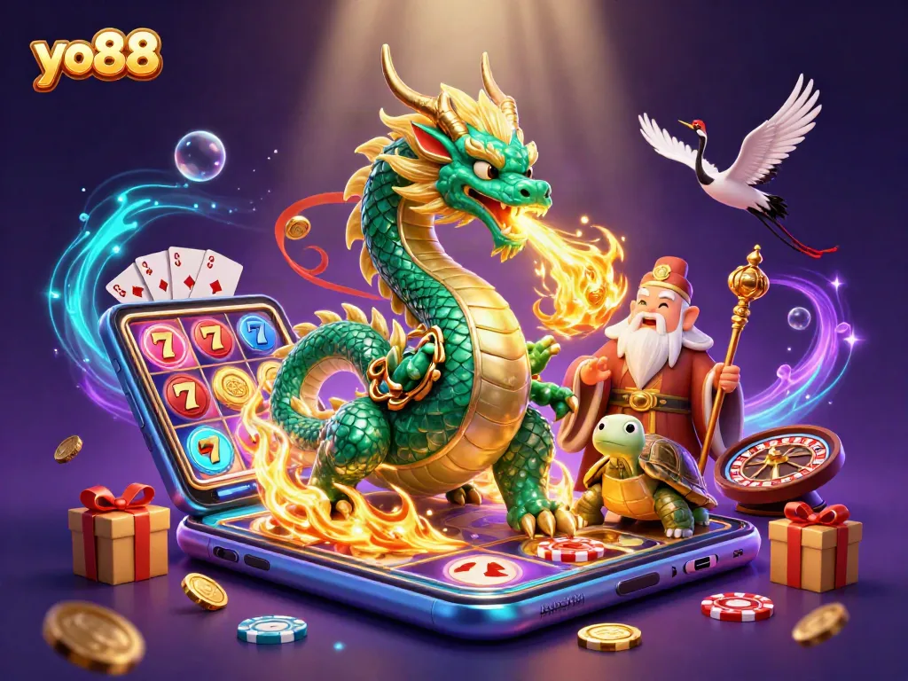 Experience thrilling gameplay with yo88 and the majestic dragon, delivering golden jackpots in a vibrant casino illustration.