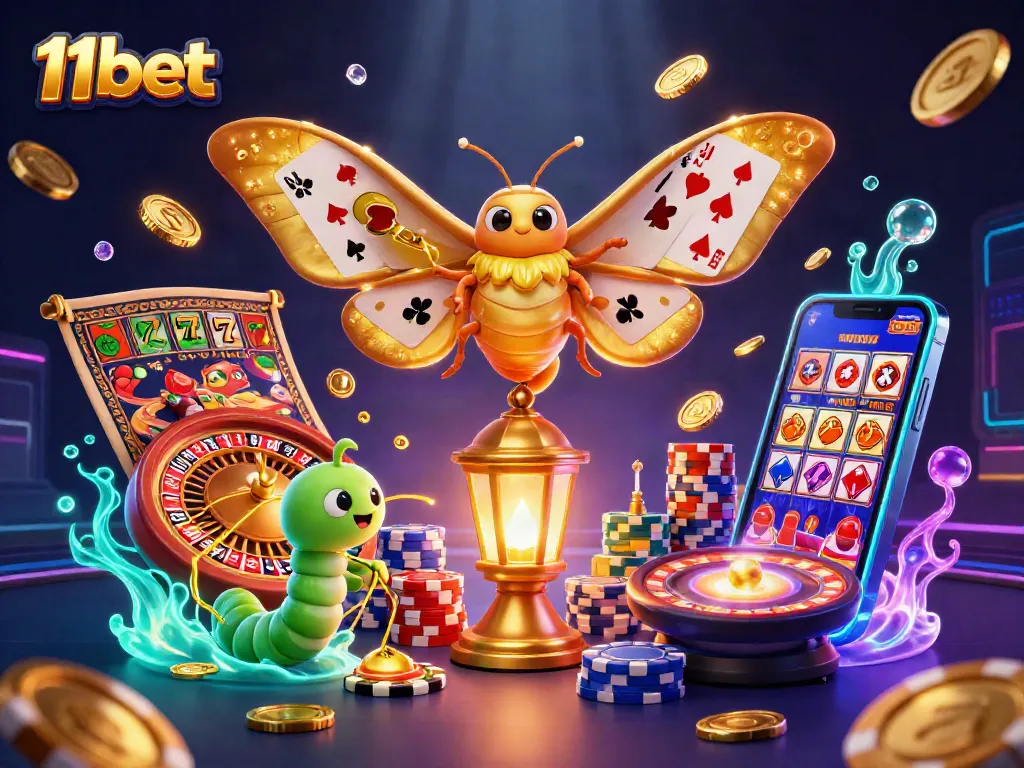 Engage in gaming adventures with 11bet featuring a vibrant casino scene showcasing moths and winning symbols.