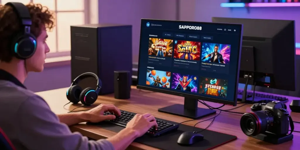 SAPPORO88 gaming interface with an engaged player in a vibrant setup.