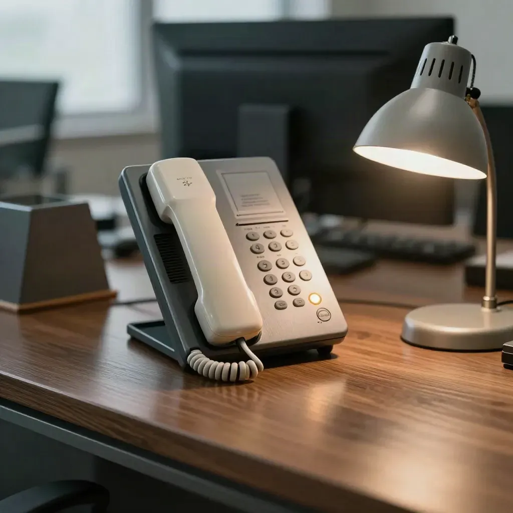 Pusty kącik biurowy z interkomem, słuchawką telefonu, stojakiem i lampką.