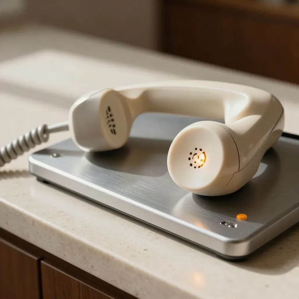 Lśniący telefon recepcyjny i świecąca lampka kontaktu na jasnym kamiennym blacie.