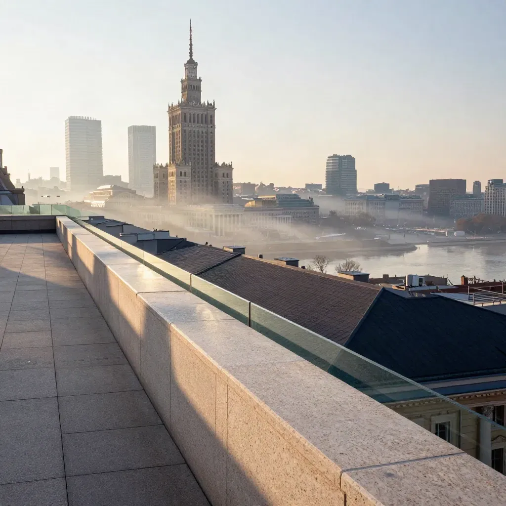 Warszawa Centrum o świcie, panorama nad mgłą, z spokojną przestrzenią na tekst.