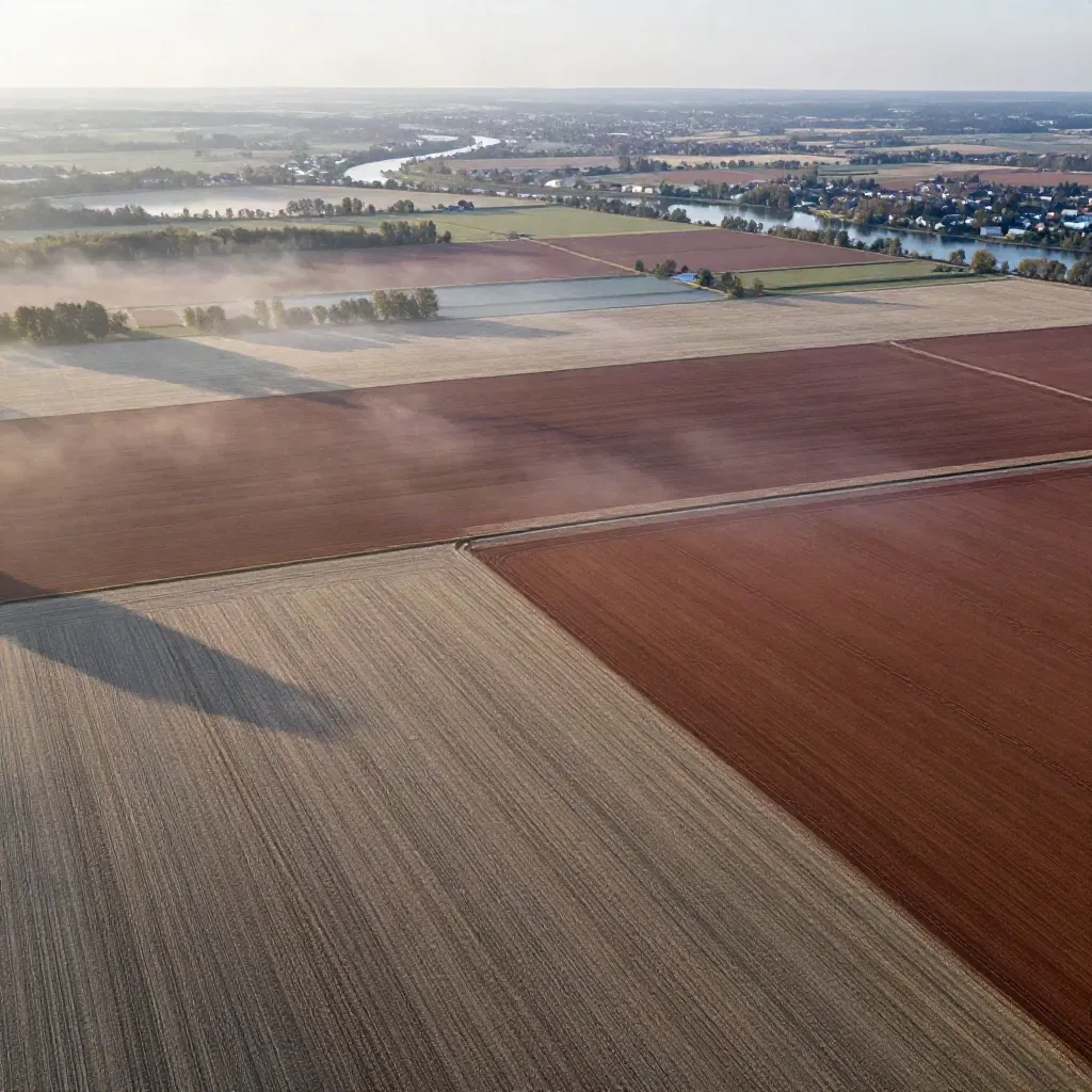 Polska z lotu ptaka o świcie, pola, rzeka i zamglone miasta