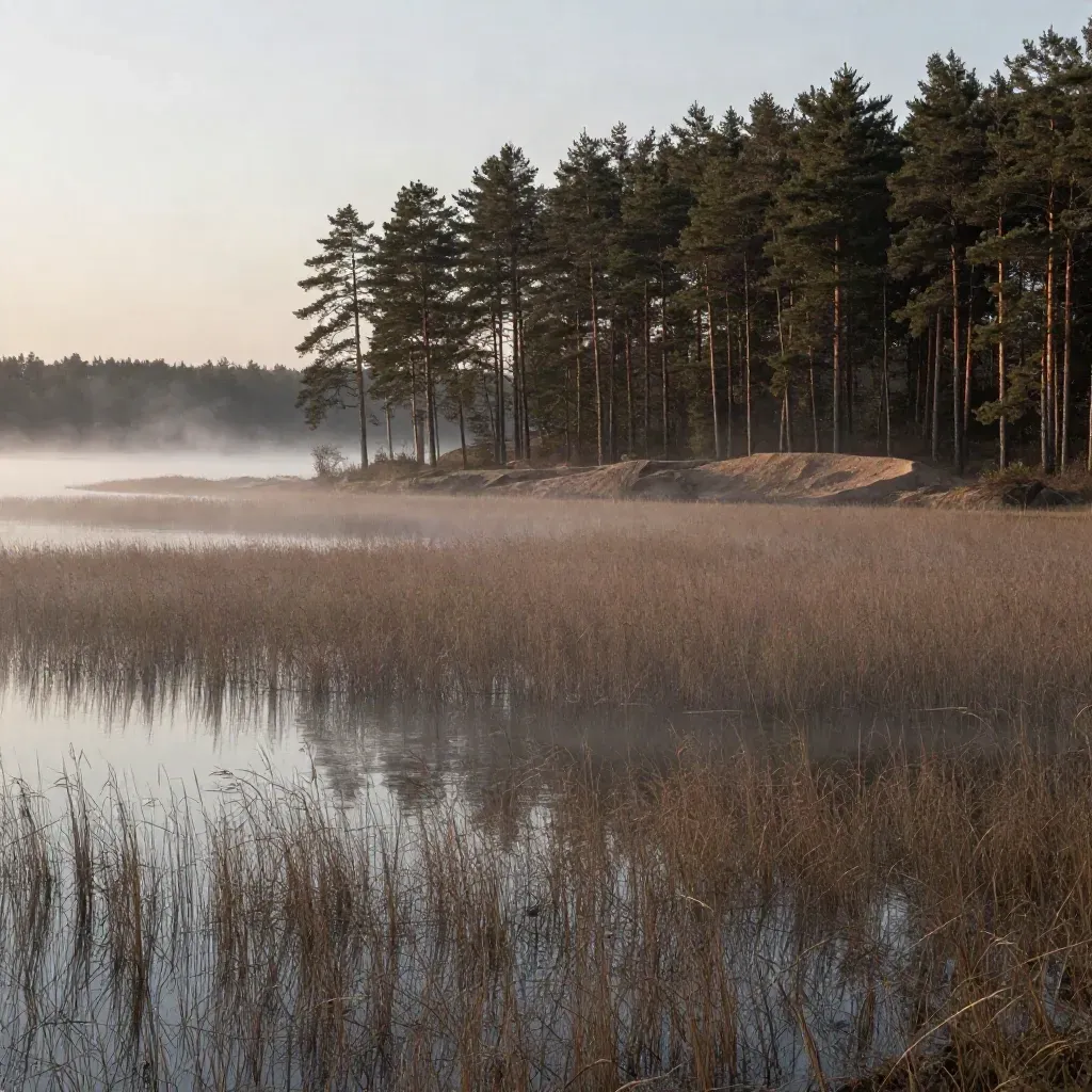 Mglista panorama Mazowsza Północnego z lasem sosnowym, jeziorem i mokradłami o zmierzchu