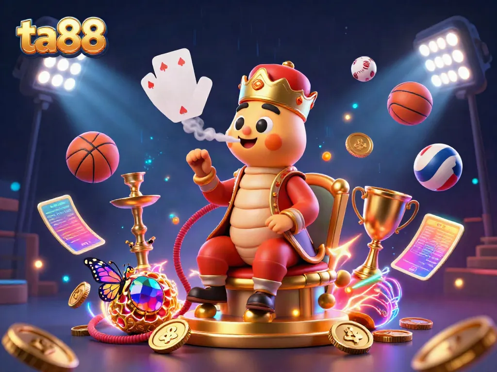 Win big with ta88: an engaging illustration of a caterpillar hookah-master in a vibrant casino environment.